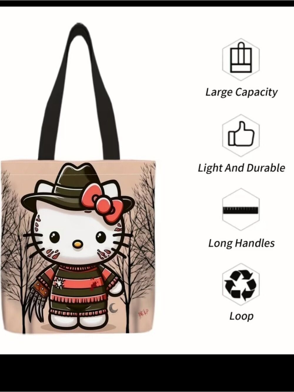 Hello Kitty Freddy Kreuger Halloween Tote— Horror Print - Picture 2 of 5